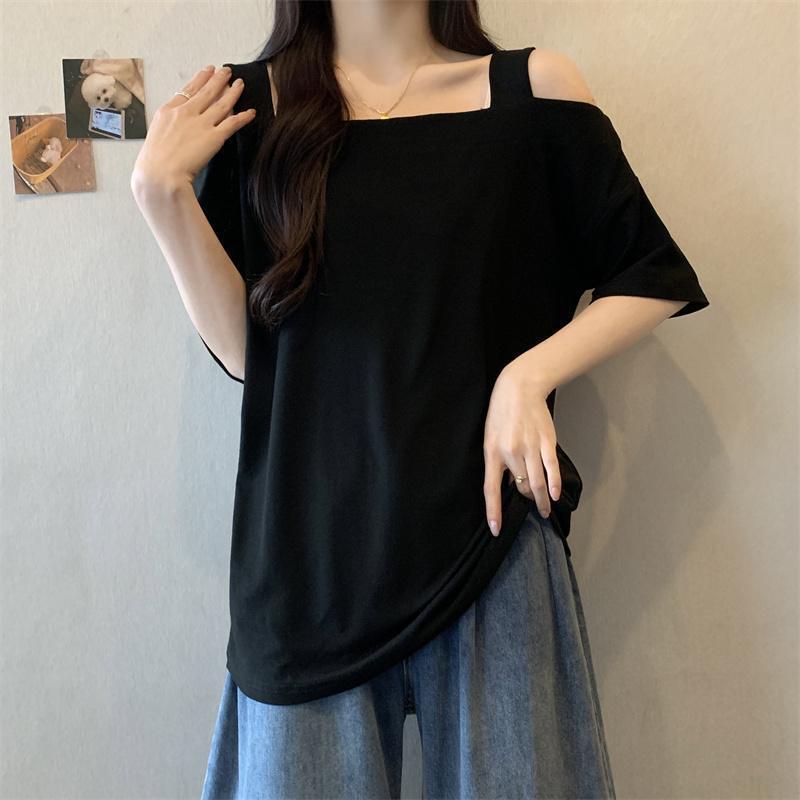 胖MM300斤大码一字肩上衣露肩吊带短袖T恤女夏季韩版宽松遮肉上衣|undefined