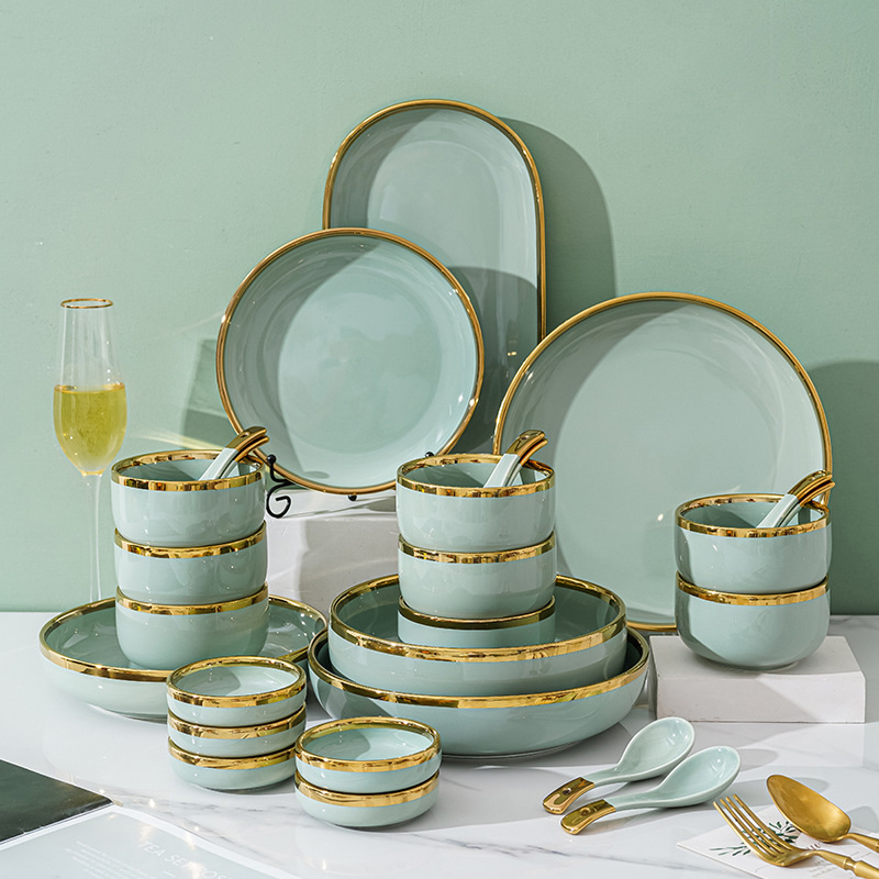 Tazón de lujo ligero y palillos placa combinación hogar creativo tazón de sopa de cerámica nórdica plato de pescado Internet celebridad borde dorado vajilla tazón y plato traje