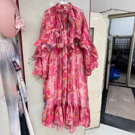 2026春夏新款圆领复古印花木耳边宽松跨境长裙连衣裙配腰带休闲