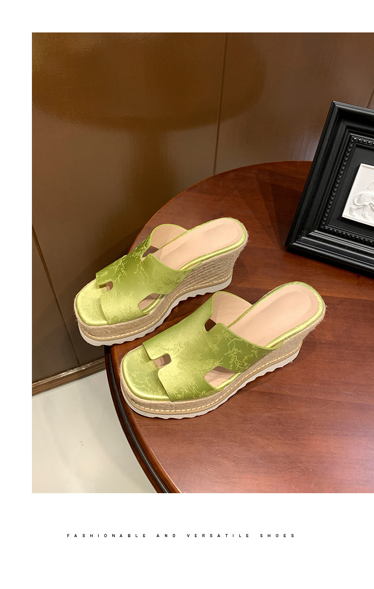 Sandal cao gót nữ hở mũi đế xuồng bện cói da bò thật — màu be, màu hồng, màu xanh huỳnh quang chi tiết 16