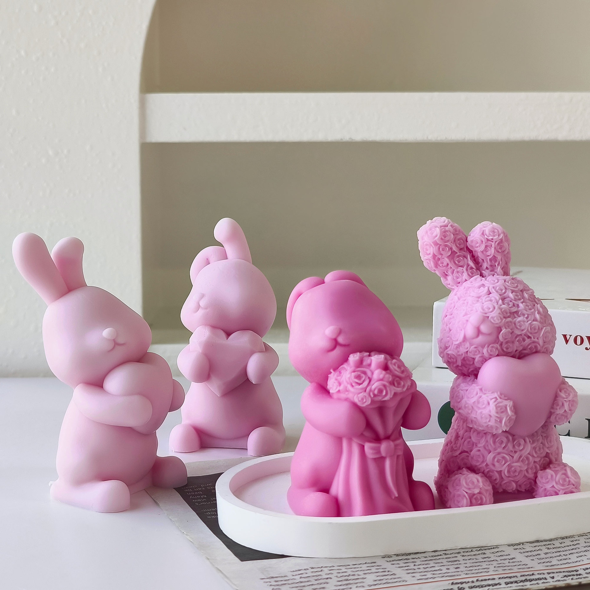 Nuevo conejo de dibujos animados molde de la vela abrazo corazón conejo aromaterapia vela decoración molde DIY conejo jabón hecho a mano