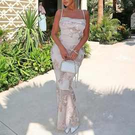 跨境欧美亚马逊女装新款时尚花朵刺绣修身包臀性感吊带连衣裙2154