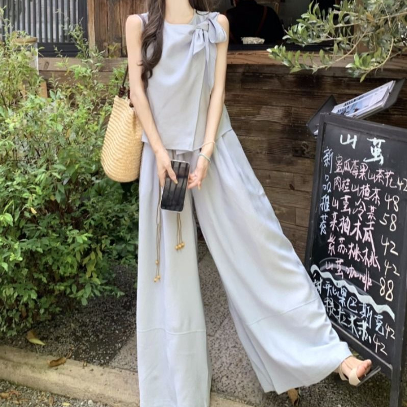 韓国風リボンストラップベストレディース夏ハイエンドノースリーブトップとハイウエストワイドレッグパンツツーピーススーツ|undefined