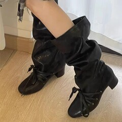 复古绑带新款小众设计感裤筒靴粗跟厚底长靴不过膝尖头系带骑士靴