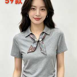 通勤气质灰色polo领丝巾修身上衣女2026新款夏季巨好看短袖针织衫