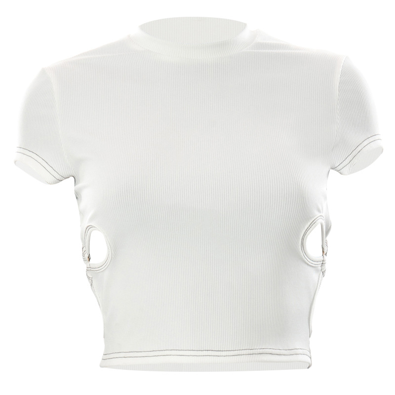 white short-sleeved round neck ring hollow top NSCBB119678