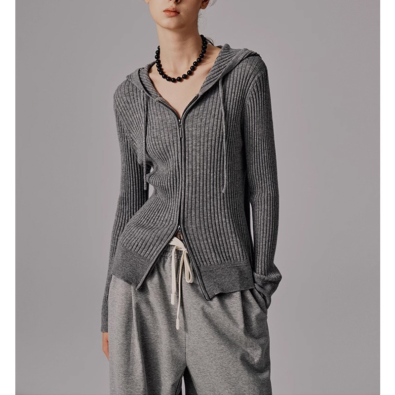 80 16-pin fine wool knitted top zipper hooded double head zipper cardigan women