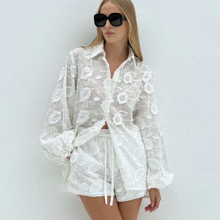 European and American Cross-border Women's New Fashion Sexy Lace suit Embroidered Perspective Shirt High Waist Shorts White