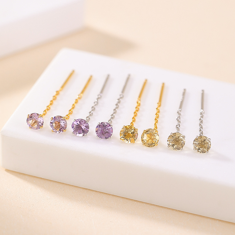Bông tai bạc S925 hình học tròn đính đá citrine vàng đơn giản cá tính — Mẫu vàng Citrine