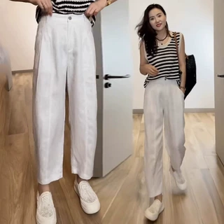 白色亚麻休闲裤女士2025年夏季新款棉麻薄款冰丝九分哈伦镰刀裤子
