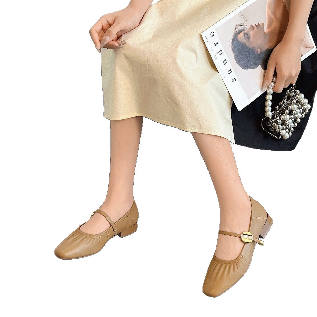 Giày Mary Jane da cừu đế bằng mũi tròn phong cách tiểu thư — Màu đen, Màu trắng be, Màu mơ