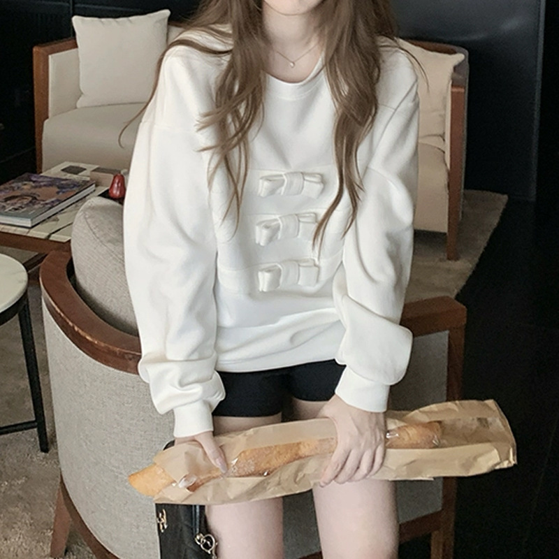 槿一蝴蝶结圆领长袖白色卫衣女2025新款巨好看的无帽短款上衣套头|undefined