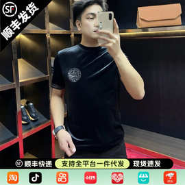 春秋季男士时尚百搭金丝绒短袖小衫潮流欧货烫钻T恤男款简约打底