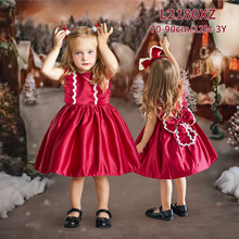跨境新款圣诞节新品公主裙儿童周岁礼服缎布蝴蝶结褶皱蓬蓬裙子