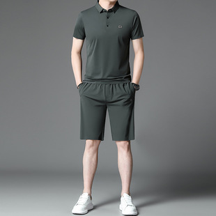 2024 summer casual sports suit men's thin middle-aged ice silk seamless elastic lapel short sleeve shorts two