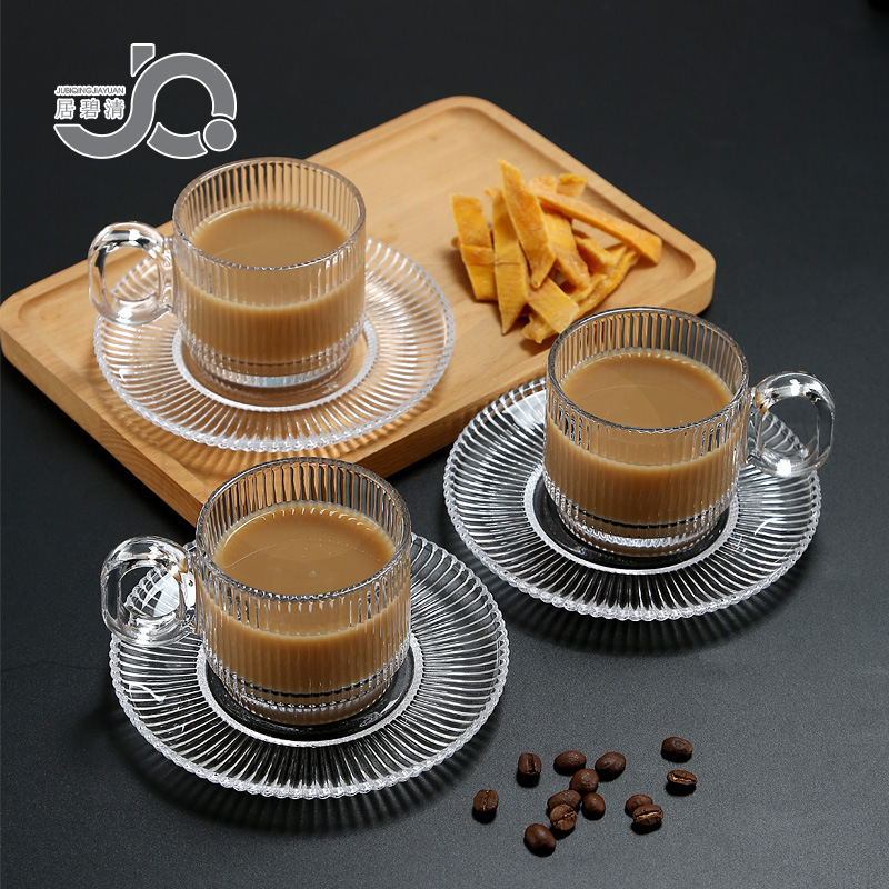 Taza de café de vidrio de alta franja vertical creativa con mango de aislamiento térmico, taza de café transparente simple y exquisita