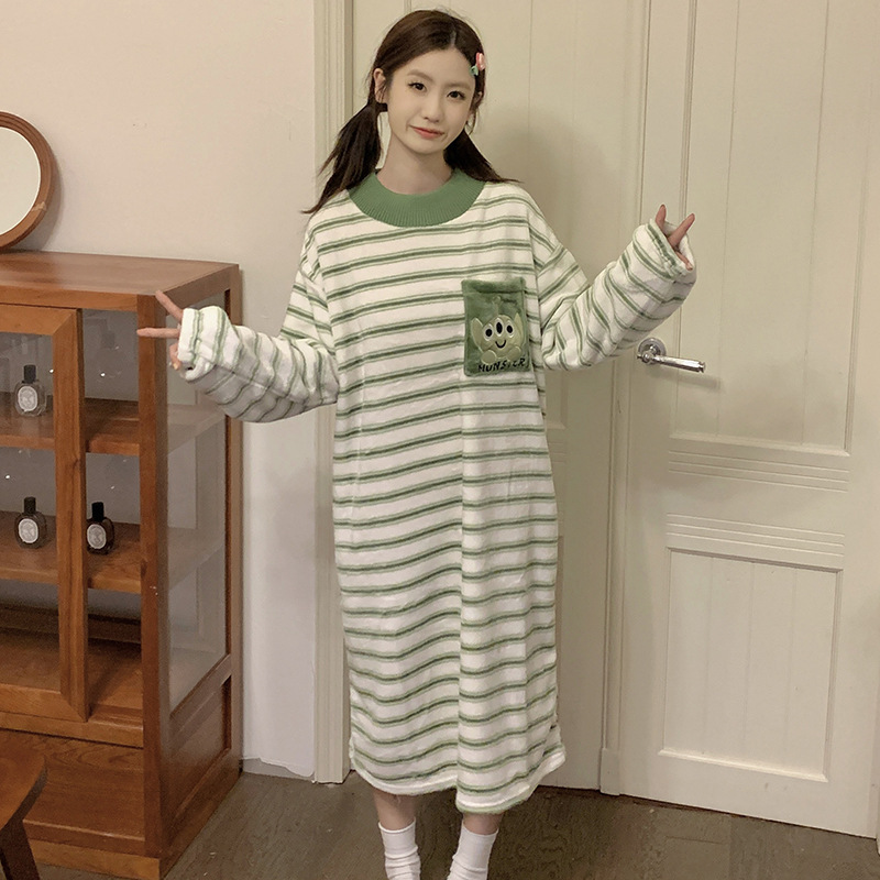 Invierno pijamas de la muchacha del camisón franela cuello redondo Jersey manga larga vestido dibujos animados lindo dulce homewear caliente