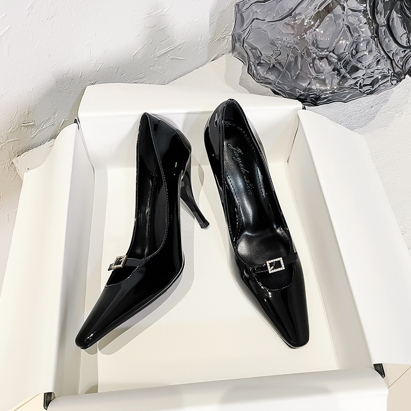 Baotou Sandals Women's Diamond Buckle Autumn and Winter New Thin Heel Square Toe Hollow Sexy Black Patent Leather Kitten Heel High Heels Women