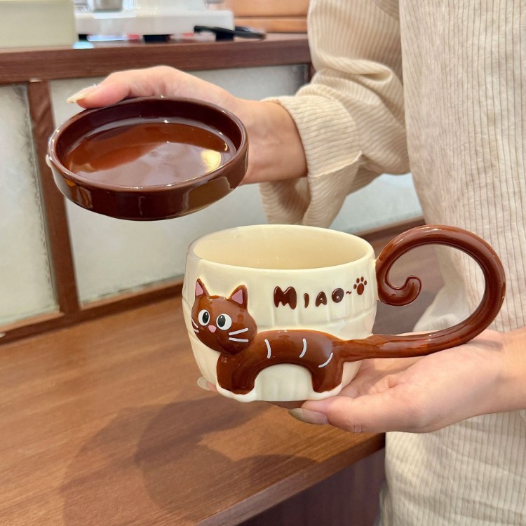 뚜껑 포함 입체 고양이 도자기 머그컵 360ml
