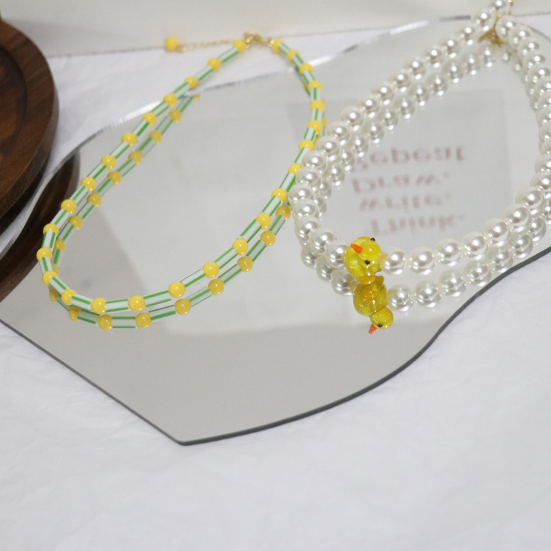 Personality Small Yellow Duck Ladybug Contrast Color Beaded Pearl Necklace display picture 4