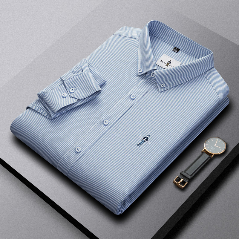 百搭商务款春秋新款上新休闲简约条纹中青年小人物刺绣长衬衣男士