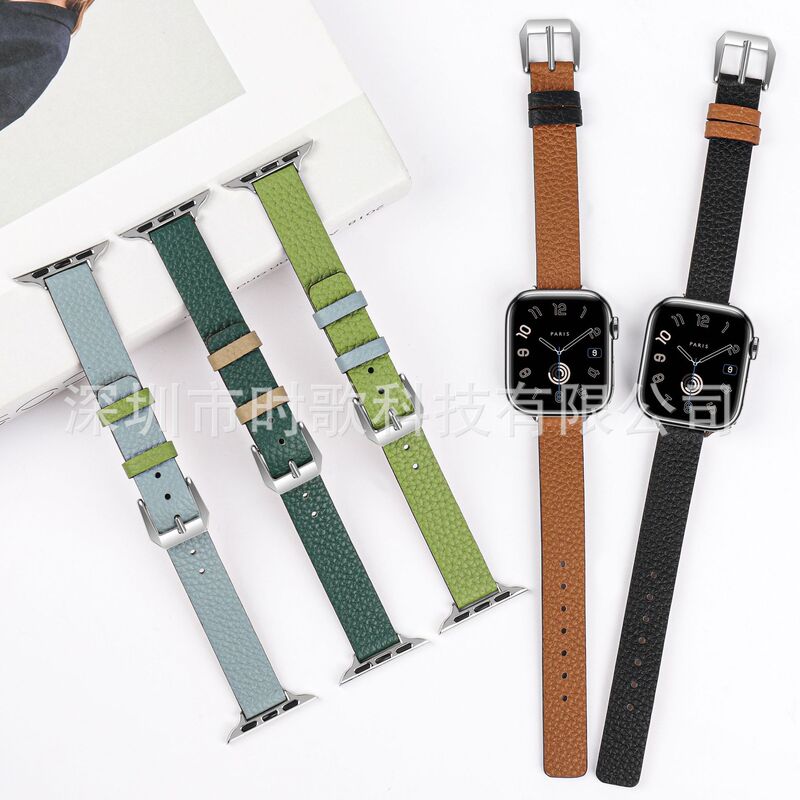 Suitable for Apple Watch Straps with Lychee Pattern Appleiwatch1109Ultra Genuine Leather Autumn and Winter Thin Straps Wholesale