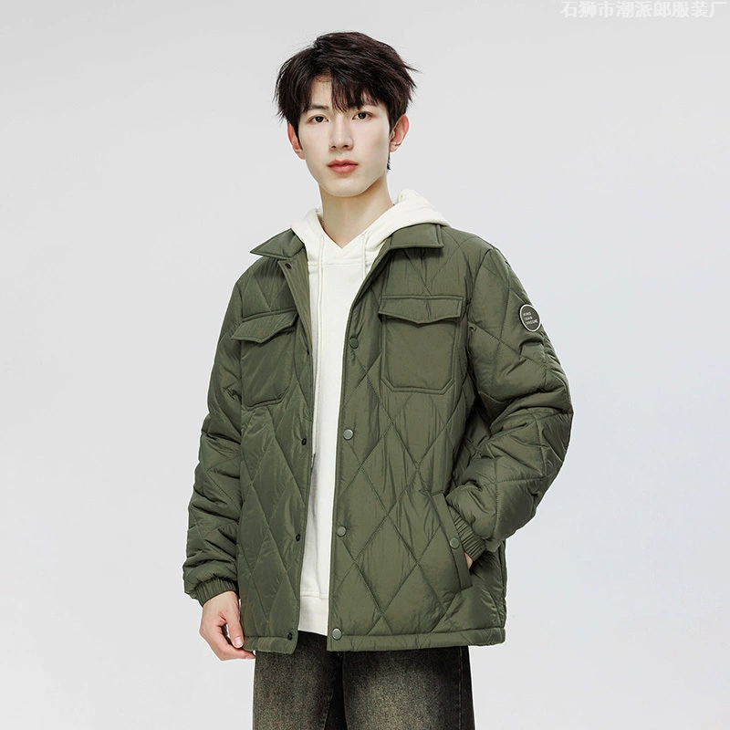 Мужская куртка с хлопковой подкладкой для трансграничного экспорта, зимнее модное повседневное свободное утолщенное теплое стеганое хлопковое пальто в клетку с отложным воротником.