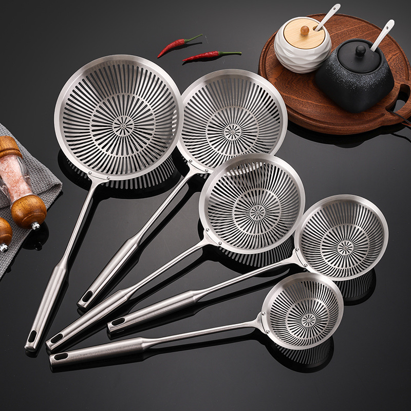 Stainless Steel Skimmer Frying Spoon Kitchen Strainer with Handle for Noodles and Dumplings Double Hook Hot Pot Spoon Thickened Mesh Skimmer