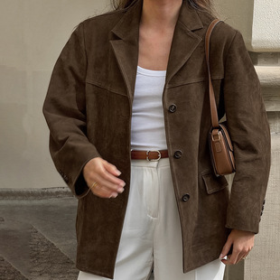 Brown Nubuck Velvet Retro Lapel Loose Suede Jacket 2025 European and American Autumn and Winter Maillard New Suit for Women