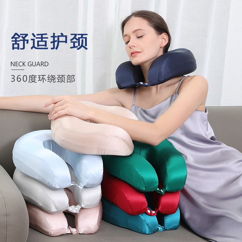 跨境新品19姆米100桑蠶絲U型枕 成人純色護頸枕車載旅遊枕頭批發