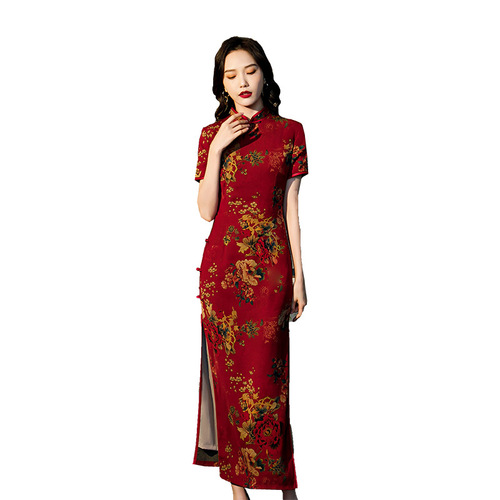 Shanghai black bottom long short sleeve cheongsam women Chinese Dress banquet cheongsam