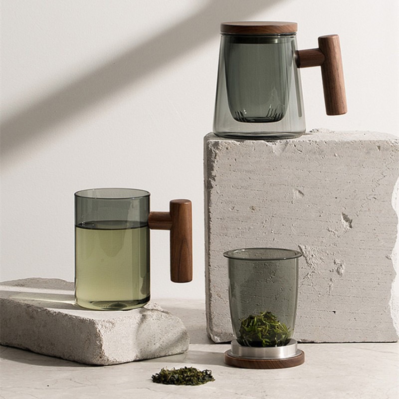 圍爐煮茶玻璃泡茶壺套裝辦公室喝茶三件杯木把帶蓋煙灰色玻璃水杯