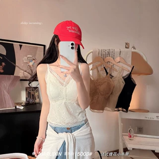 夏芮欣·法式提花蕾丝吊带性感纯欲V领内搭带胸垫修身显瘦背心女