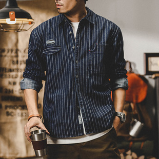 American-style heavy striped Denim shirt men's long sleeve 2024 New loose workwear shirt men's spring and autumn coat men