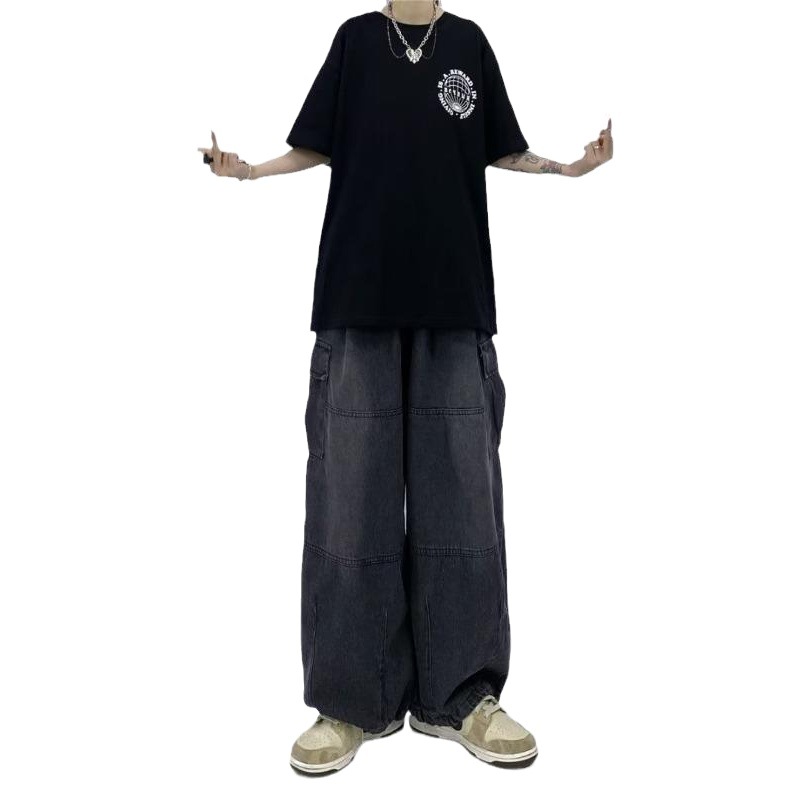 2023 nueva calle hip hop cuatro estaciones casual pierna ancha overoles rectos pantalones vaqueros bolsillo grandes hombres y mujeres largo