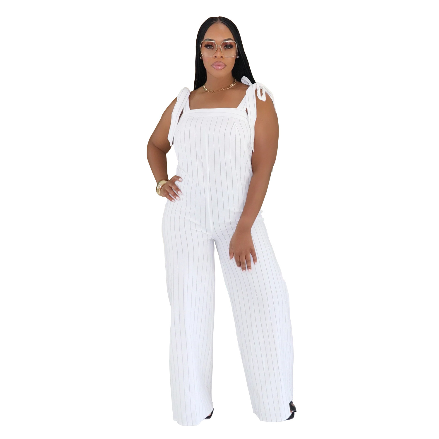 C7698 Cross-Border European And American Women's Casual Striped Strap Wide-Leg Fashion Jumpsuit_ecoleips.com