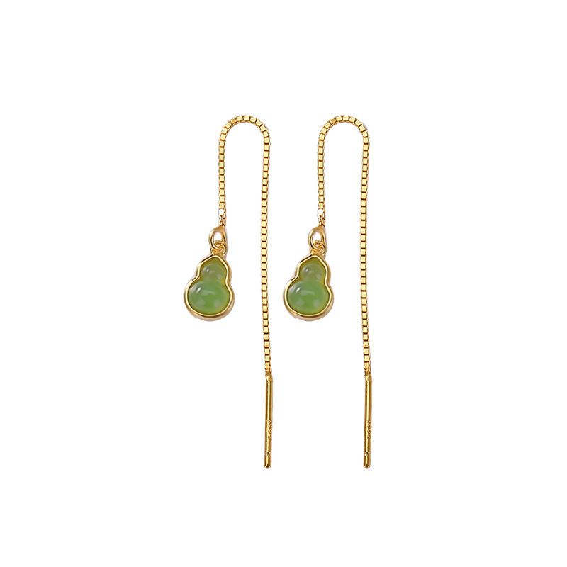 Khuyên tai dài bạc S925 mạ vàng đá Jasper hình bầu Fulu phong cách Trung Hoa — Mẫu bạc