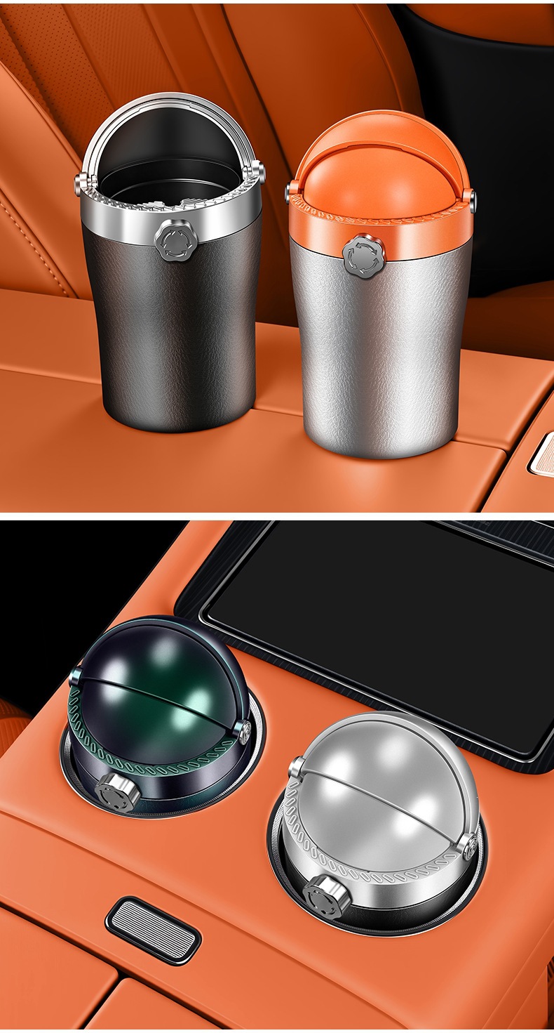 New model car ashtray with ceramic liner, fireproof, automatic pop-up lid, LED, detachable, suitable for car use, available for dropshipping