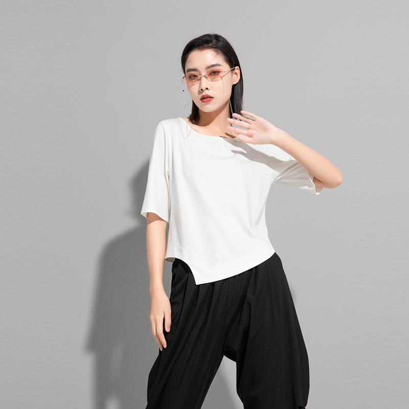 European and American Summer Stylish Dark Style Asymmetrical Short-Sleeved T-Shirt Casual Designer Women's Quarter-Sleeved Top