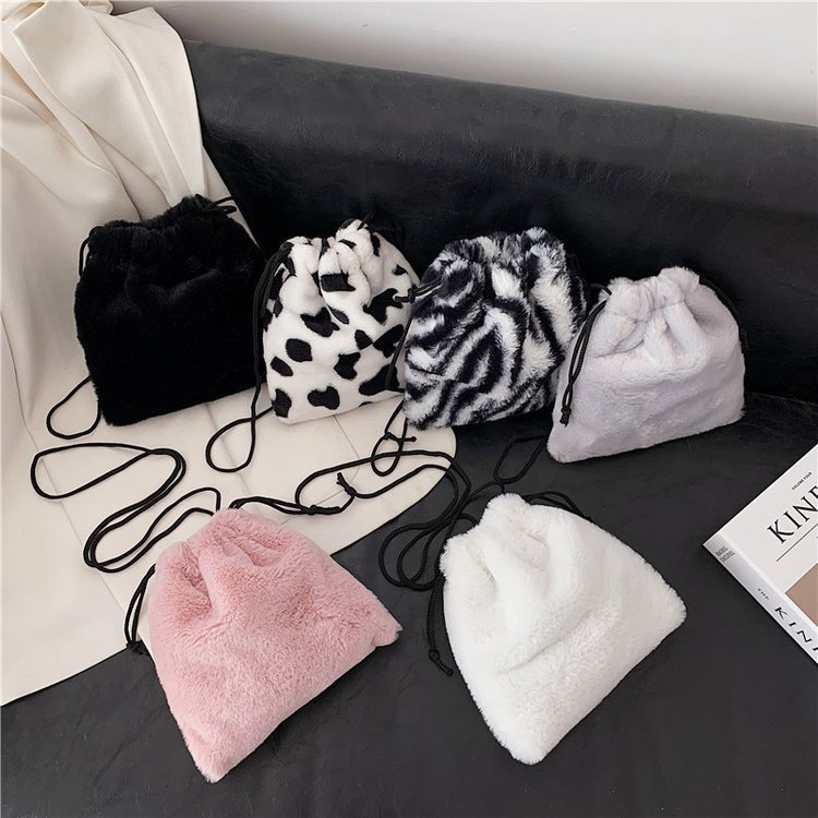 Autumn and Winter Plush Vertical Mobile Phone Bag Drawstring Cute Crossbody Mini Bag Korean Style Fur Student Soft Cute Single Shoulder Bag