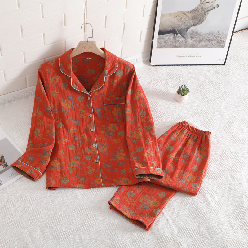 Wearing New Style Cotton Women's Pajamas Spring and Autumn Cotton Double-layer Yarn Jacquard Long-sleeved plus size Home Clothes suit