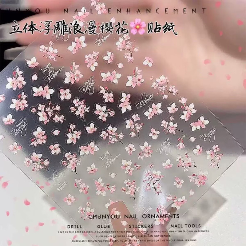 New Nail Art Cherry Blossom Stickers Spring Cherry Blossom 3D Embossed Decals Pink Girly Peach Blossom Spring Nail Stickers