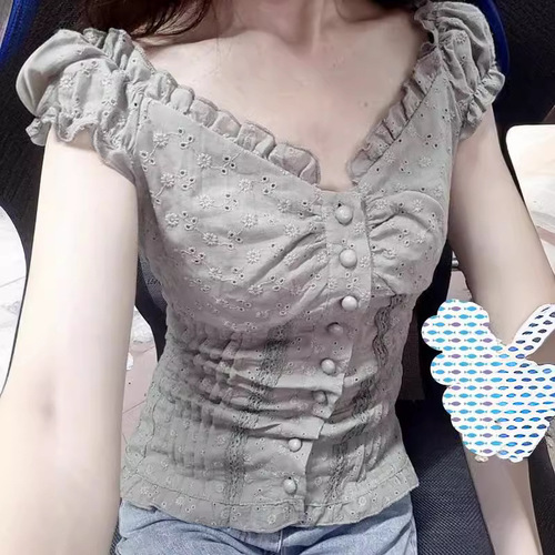 French girl lace slim short-sleeved T-shirt 2024 cross-border new V-neck breasted body shaping hot girl top for women