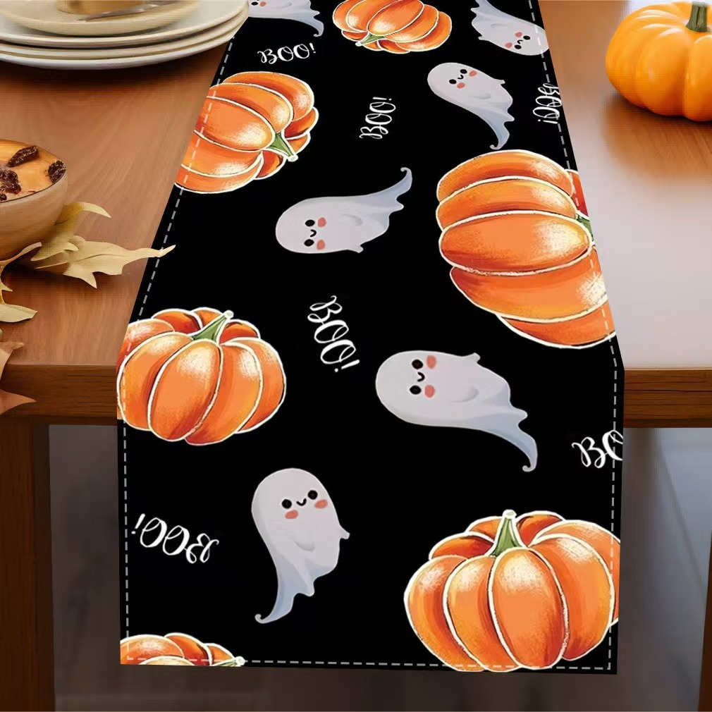 Transfronterizo 2024 Amazon nuevo Halloween calabaza fantasma gato negro lino tabla bandera de mesa mesa de comedor bandera de té