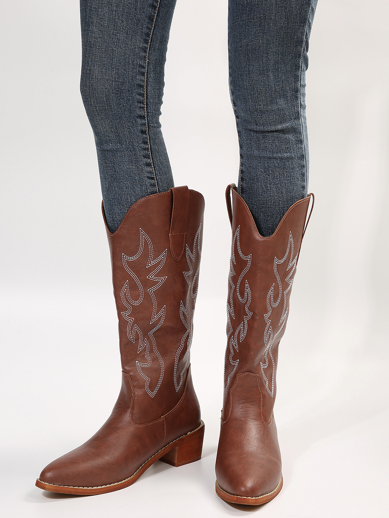 Dámské rytířské boty s vyšívanými dřevěnými kořeny, střední délky a špičatým hrotem, plus size_voghion.com