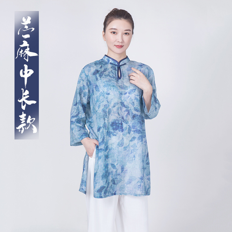 Blue flowers Tai Chi Clothing wushu tai ji quan Kung Fu uniforms For women eisure cotton and linen ramie practise tai chi clothing martial arts female summer long