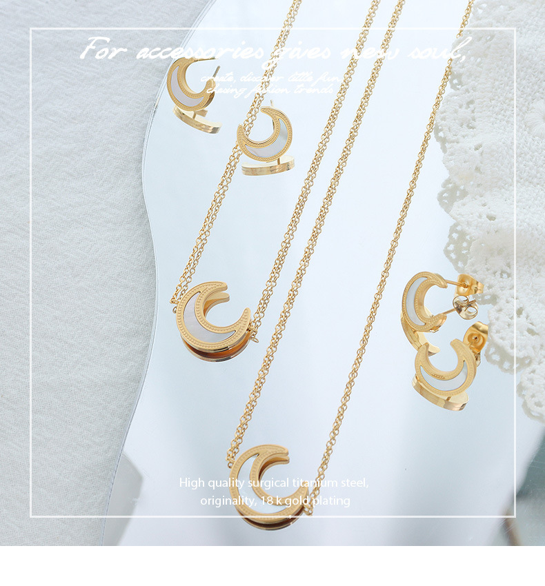 Marka French Style White Sea Shell Moon Pendant Necklace Earrings Female Clavicle Chain Titanium Ste