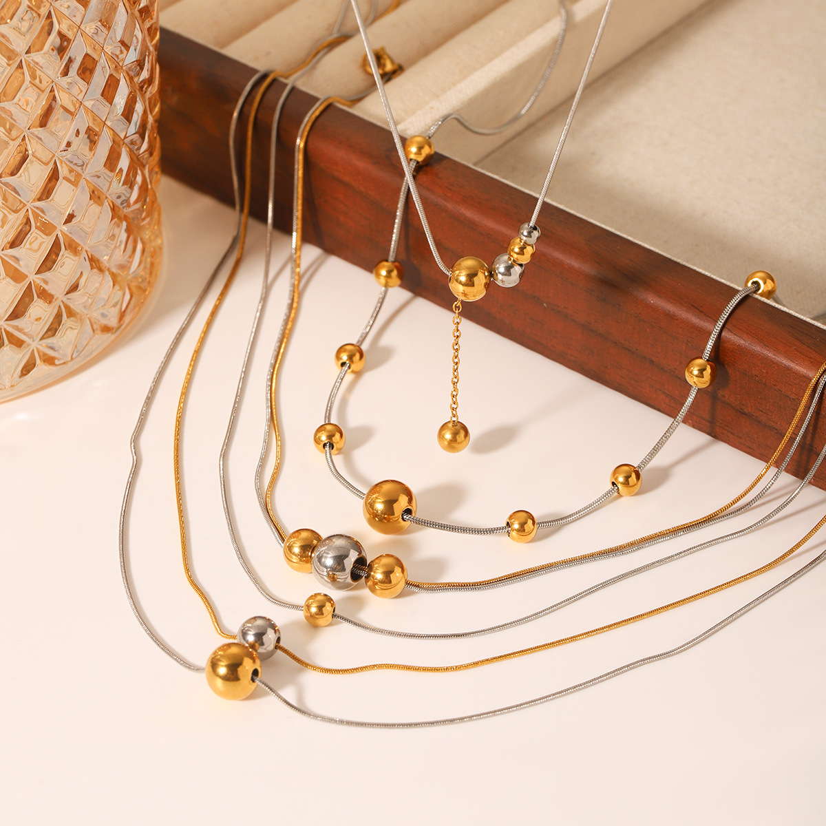 18K Real Gold Plated Plating Material PVD Coated Real Gold Plated Round 304 Stainless Steel Vintage Style Waterproof Non Tarnish 304 Stainless Steel Lobster Trigger Clasp Closure Double Layer Necklaces Pendant Necklace Necklace