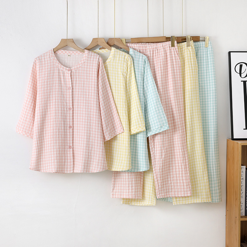 Double-layer Pure Cotton Gauze Non-print Style Plaid Women's Cropped Sleeve Ankle-length Pants Spring and Summer Thin Pajamas Comfortable Home Clothes