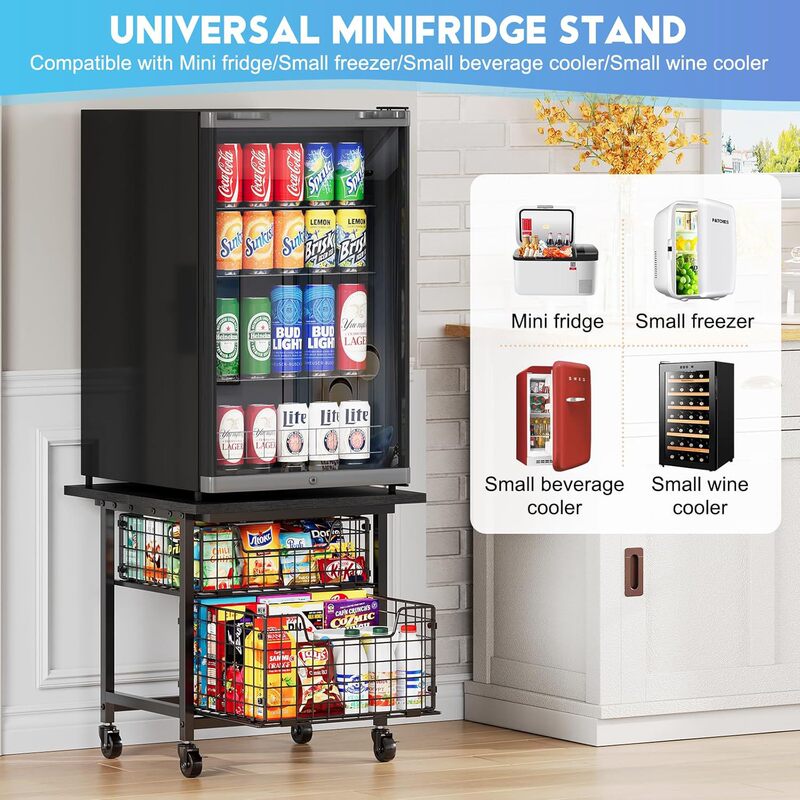 Cross-Border Mini Refrigerator Rack with Two-Layer Drawer Basket, Mini Refrigerator Rack with Maximum Load Capacity of 300 Pounds, Microwave Oven Stand